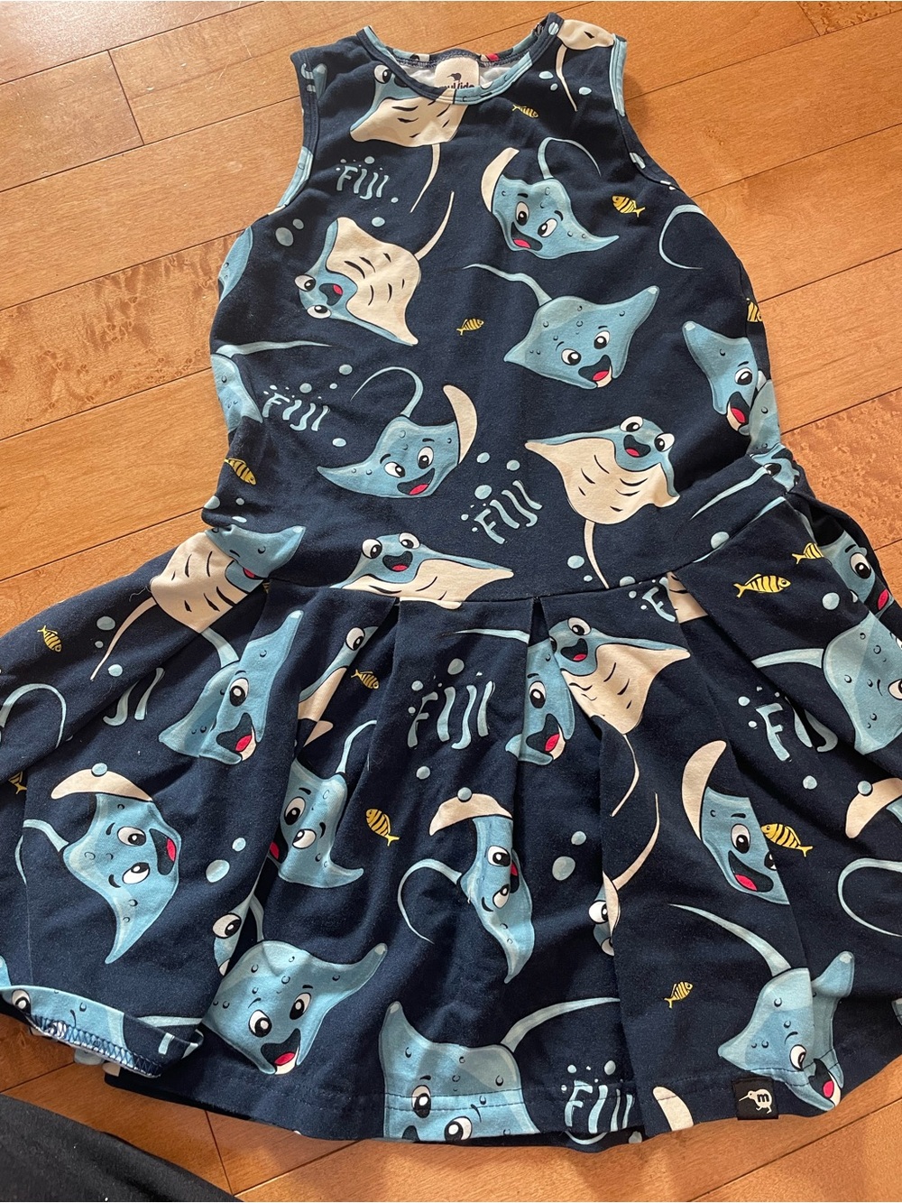 Mullido Girls Navy Manta Ray Print Skater Dress - Charming Sea Life - organic